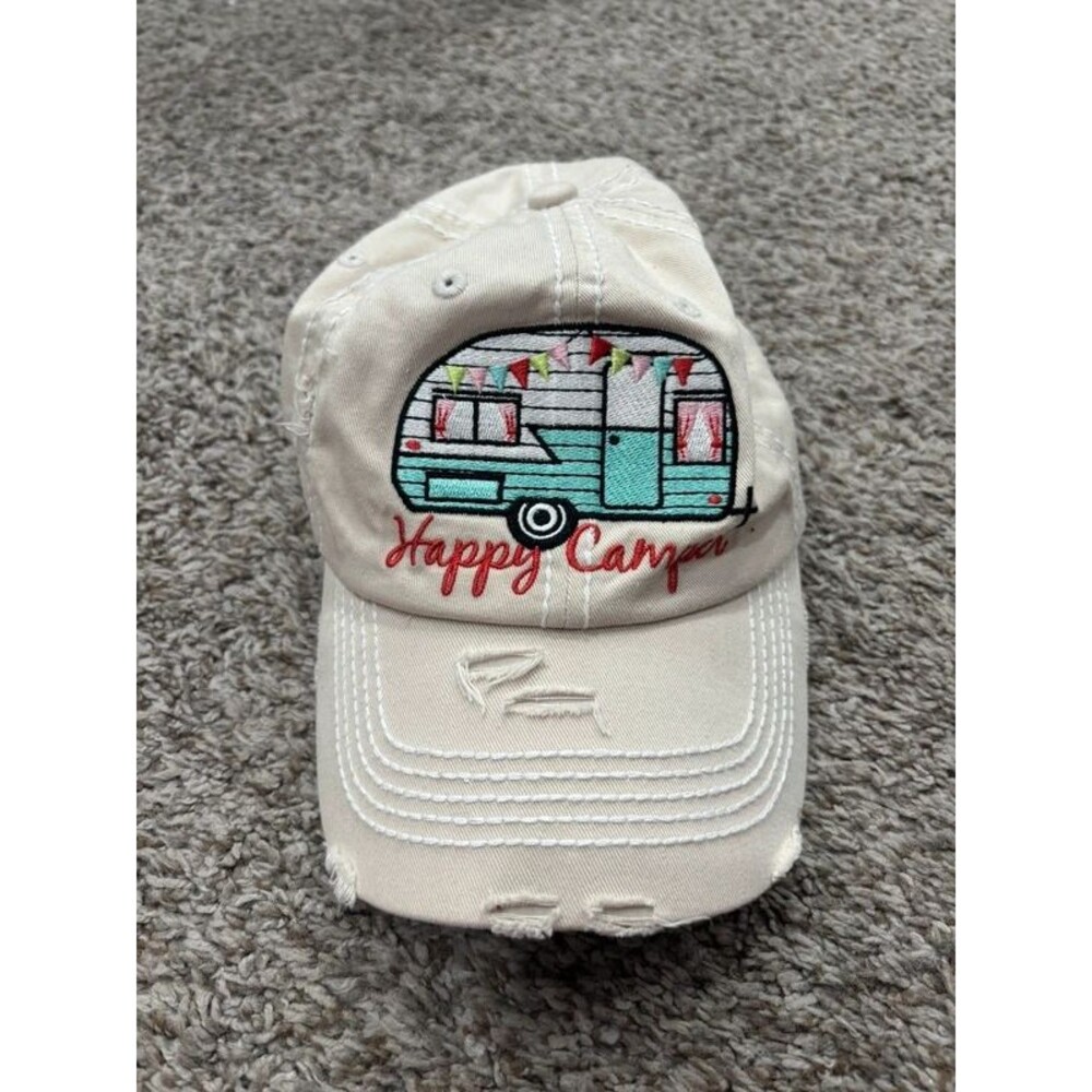 Ladies Beige Happy Camper Adjustable Hat